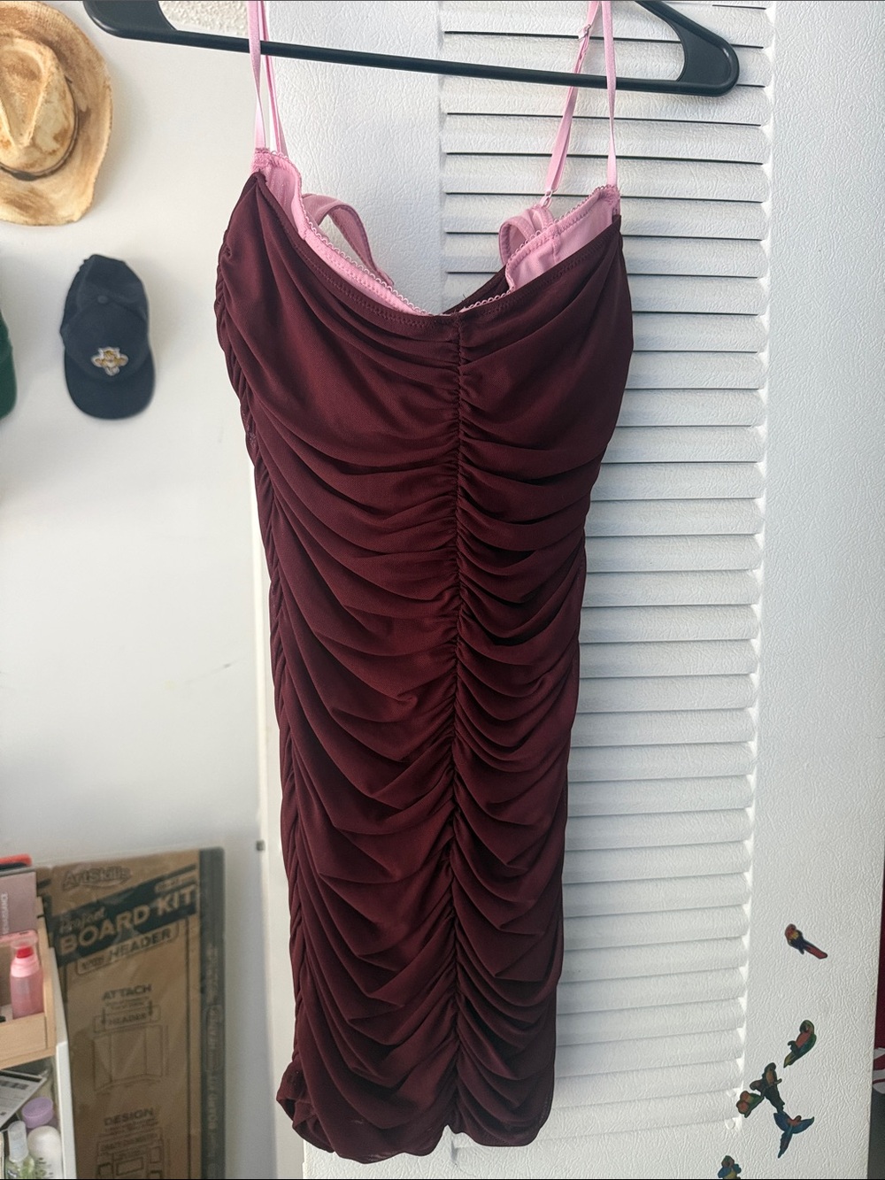 White Fox Boutique Burgundy Ruched Midi Dress with Pink Straps